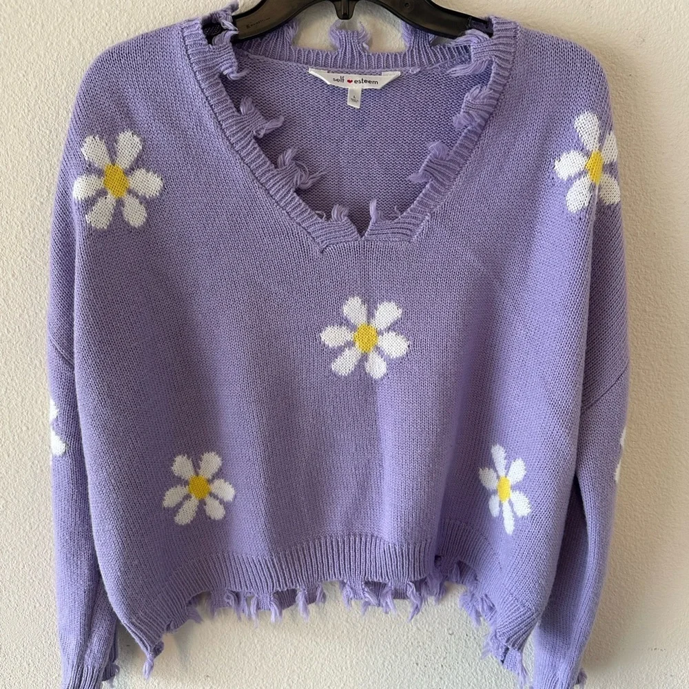 Self Esteem Lavender Daisy V-Neck Sweater - Picture 1 of 6